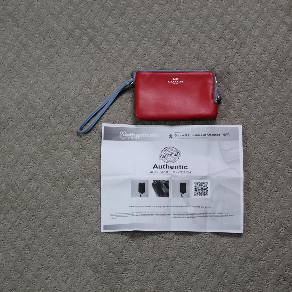 Coach Small (6"x4"x1") Red Leather & C Logo Double Zip Corner Zip Wristlet COA